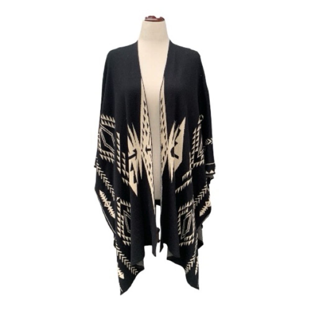 Ruff Hewn Cotton Blend Southwestern Aztec Print Poncho Open Front Cardigan OS